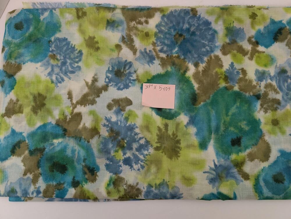 Vintage Floral Sheer Cotton Linen Fabric 39" x 5 Yds Blue Green Watercolor